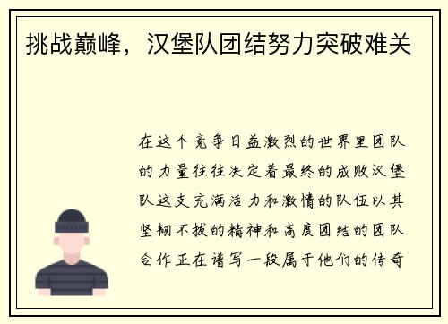 挑战巅峰，汉堡队团结努力突破难关