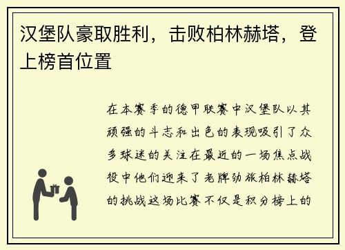 汉堡队豪取胜利，击败柏林赫塔，登上榜首位置