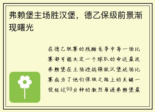 弗赖堡主场胜汉堡，德乙保级前景渐现曙光