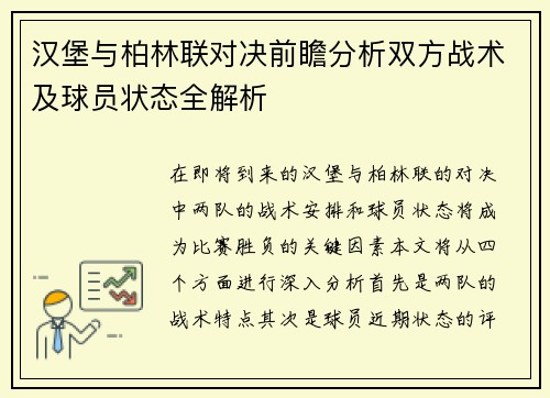 汉堡与柏林联对决前瞻分析双方战术及球员状态全解析