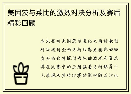 美因茨与菜比的激烈对决分析及赛后精彩回顾