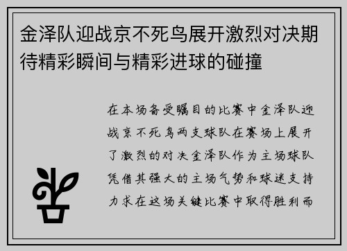 金泽队迎战京不死鸟展开激烈对决期待精彩瞬间与精彩进球的碰撞