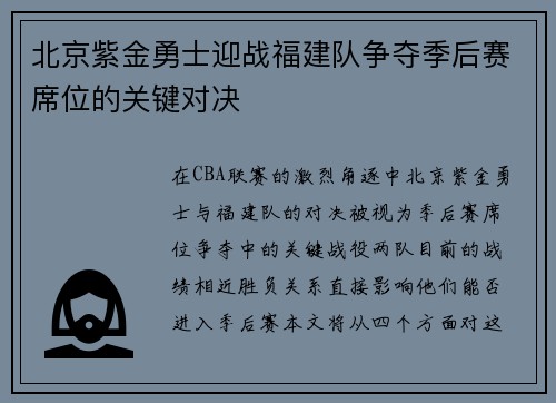 北京紫金勇士迎战福建队争夺季后赛席位的关键对决