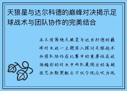天狼星与达尔科德的巅峰对决揭示足球战术与团队协作的完美结合