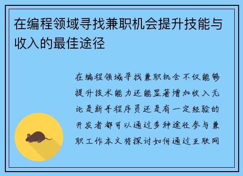在编程领域寻找兼职机会提升技能与收入的最佳途径