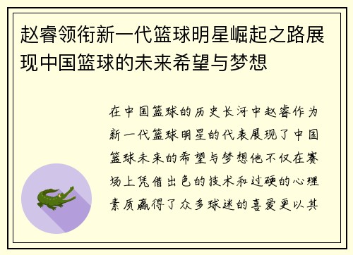 赵睿领衔新一代篮球明星崛起之路展现中国篮球的未来希望与梦想