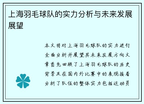 上海羽毛球队的实力分析与未来发展展望